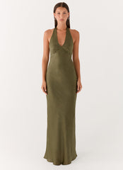 Heavy Hearted Satin Maxi Dress - Khaki