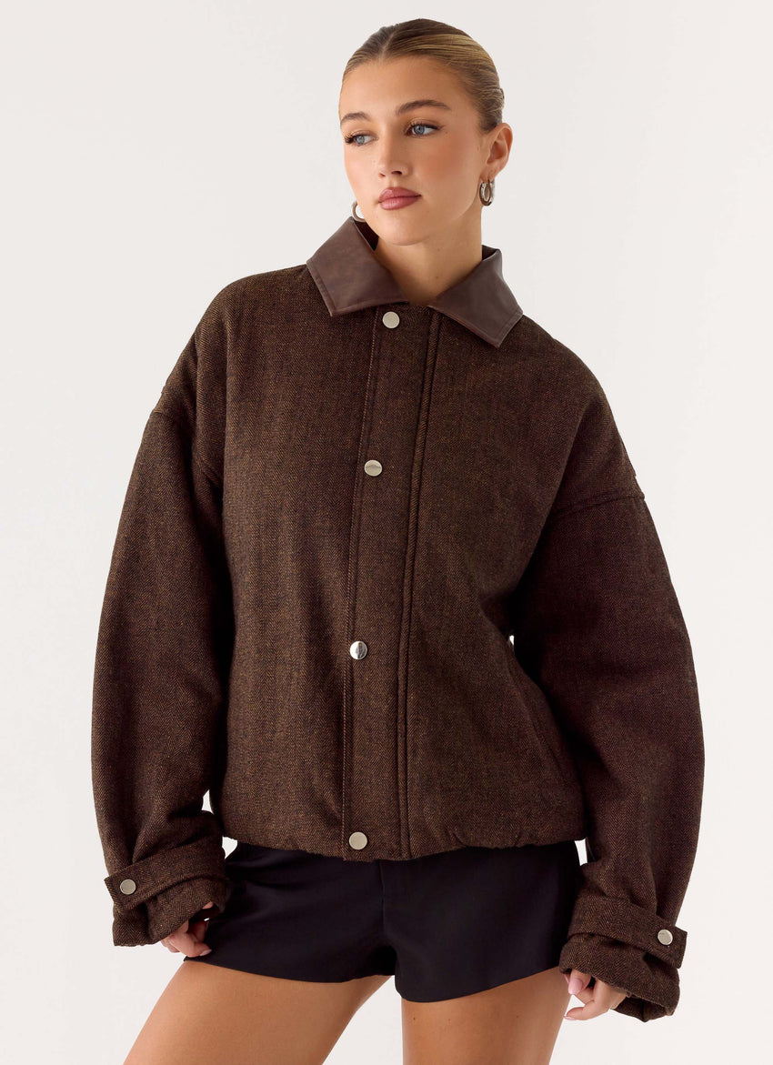 Myles Herringbone Bomber Jacket - Chocolate Herringbone