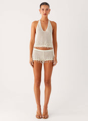 Pearl Shore Beaded Crochet Mini Shorts - Ivory