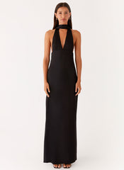 Alicia Satin Halter Maxi Dress - Black