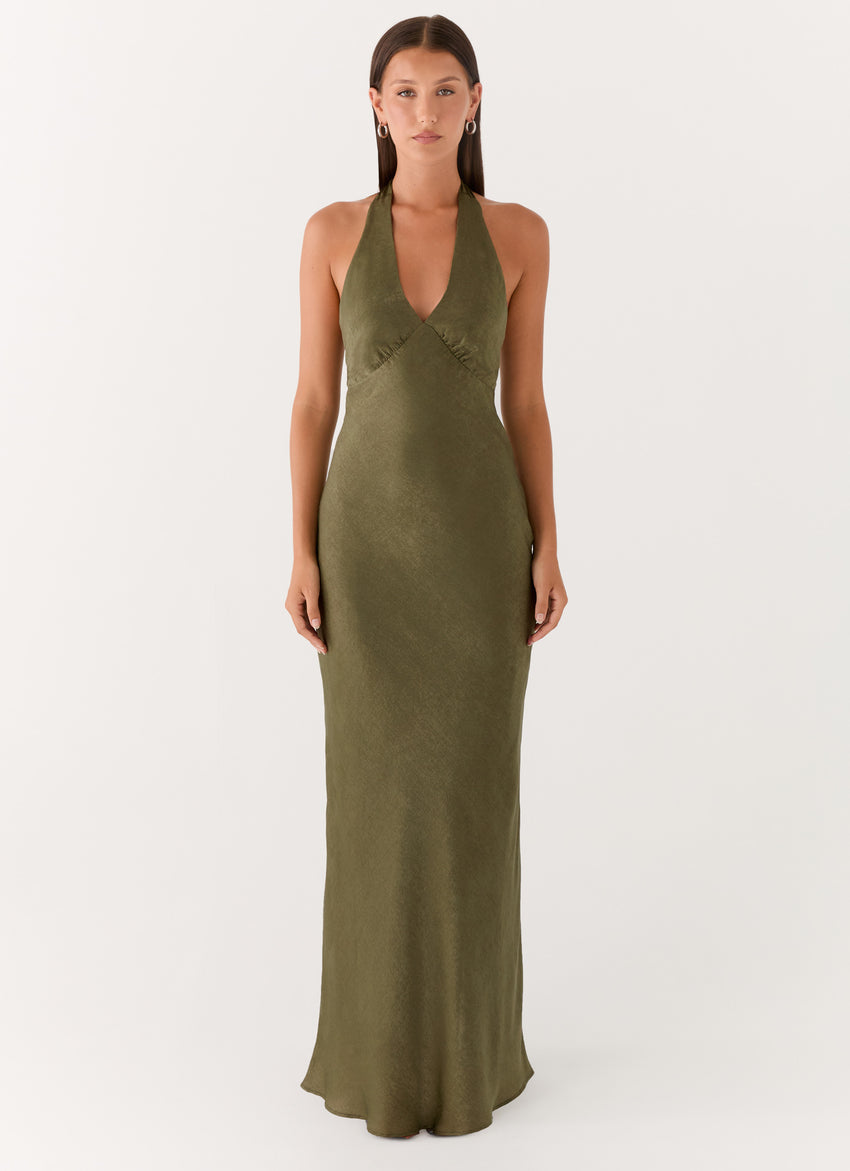 Heavy Hearted Satin Maxi Dress - Khaki