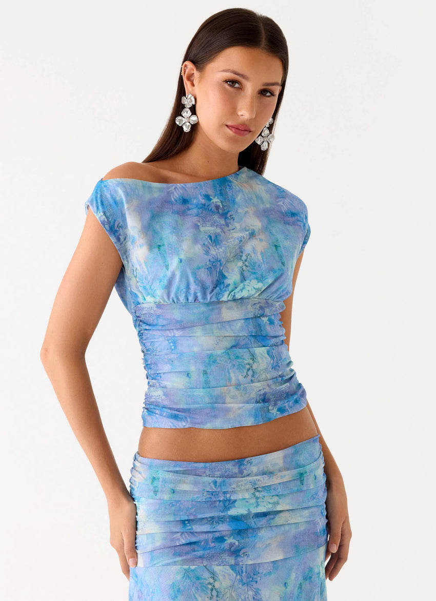 Liana Asymmetrical Top - Aqua Paisley