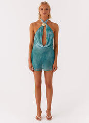 Oceans Away Deep Cowl Mini Dress - Green Tie Dye