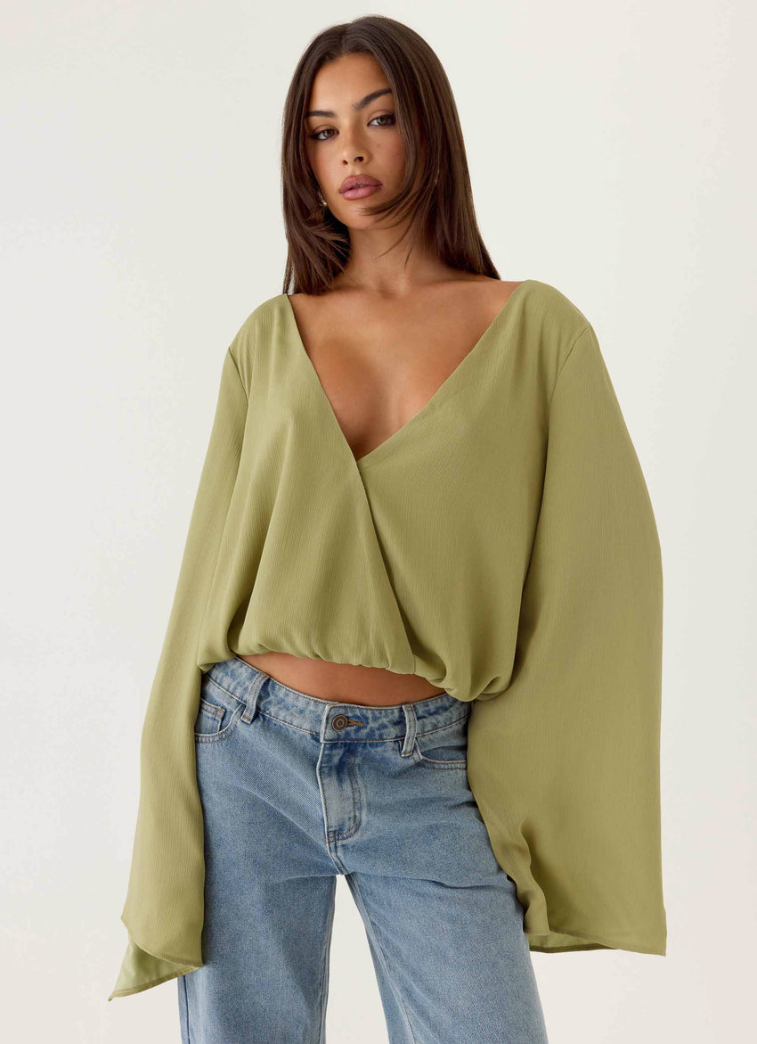 Orelia Long Sleeve Top - Green Olive