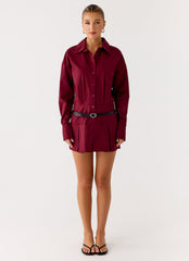 Rio Pleated Shirt Mini Dress - Maroon