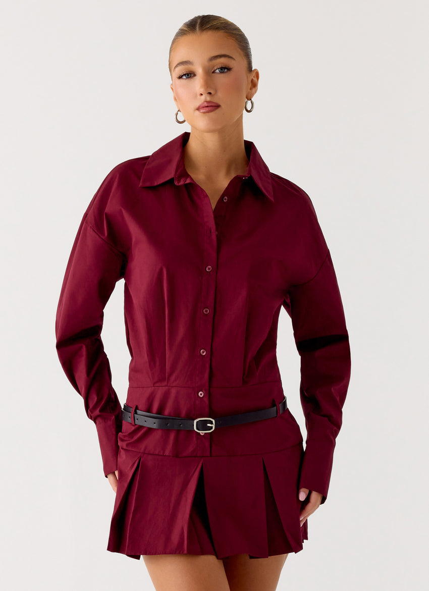 Rio Pleated Shirt Mini Dress - Maroon